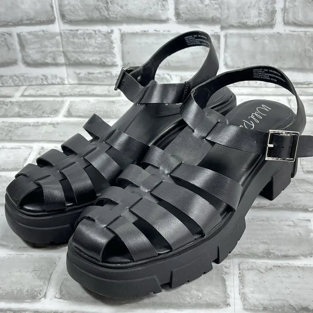 Wild Pair Women’s 10 Heraa Adjustable Black Fisherman Platform Lug Sole Sandals